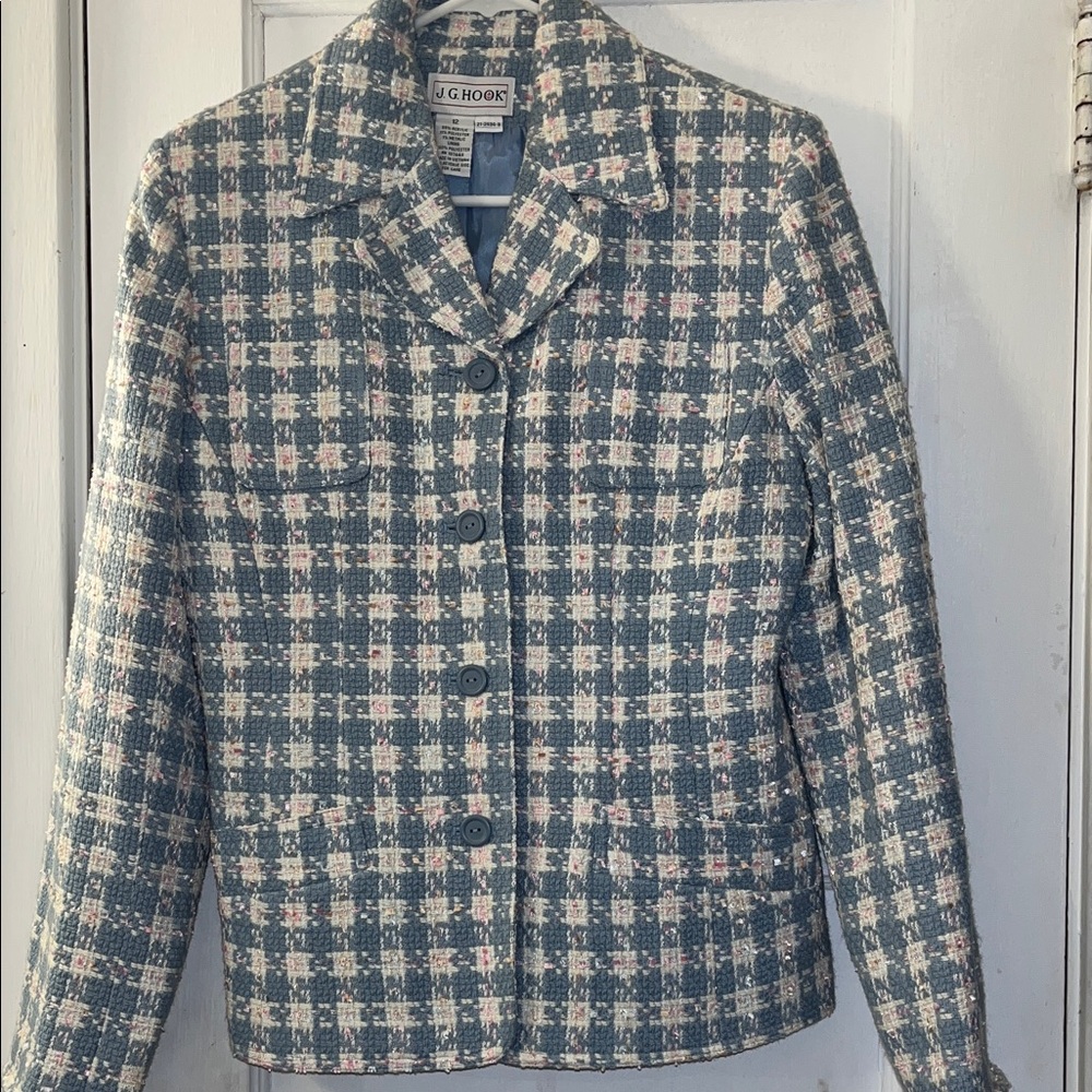 J. Hook Blue & Pink Checkered Women's Blazer PTP 18”, L 23”, AL 23”